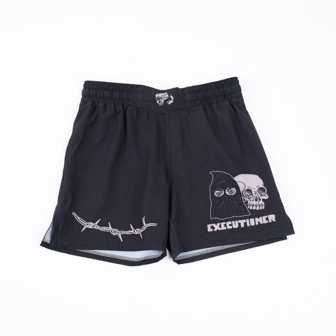 True Illusion BJJ Shorts Executioner, front flat lay showing barbed wire and hooded skull graphic in grey on black