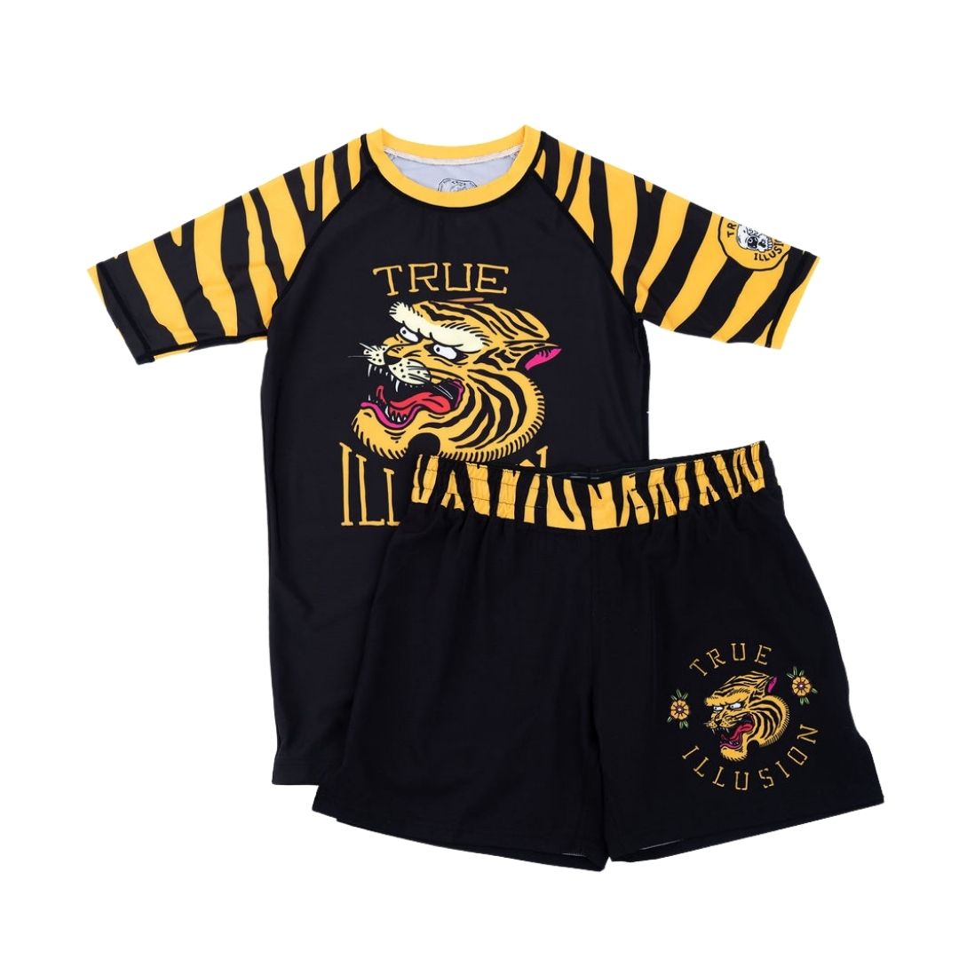 True Illusion Short Sleeve BJJ Rash Guard - Tiger, front flat lay shown with matching shorts, black with gold tiger-stripe